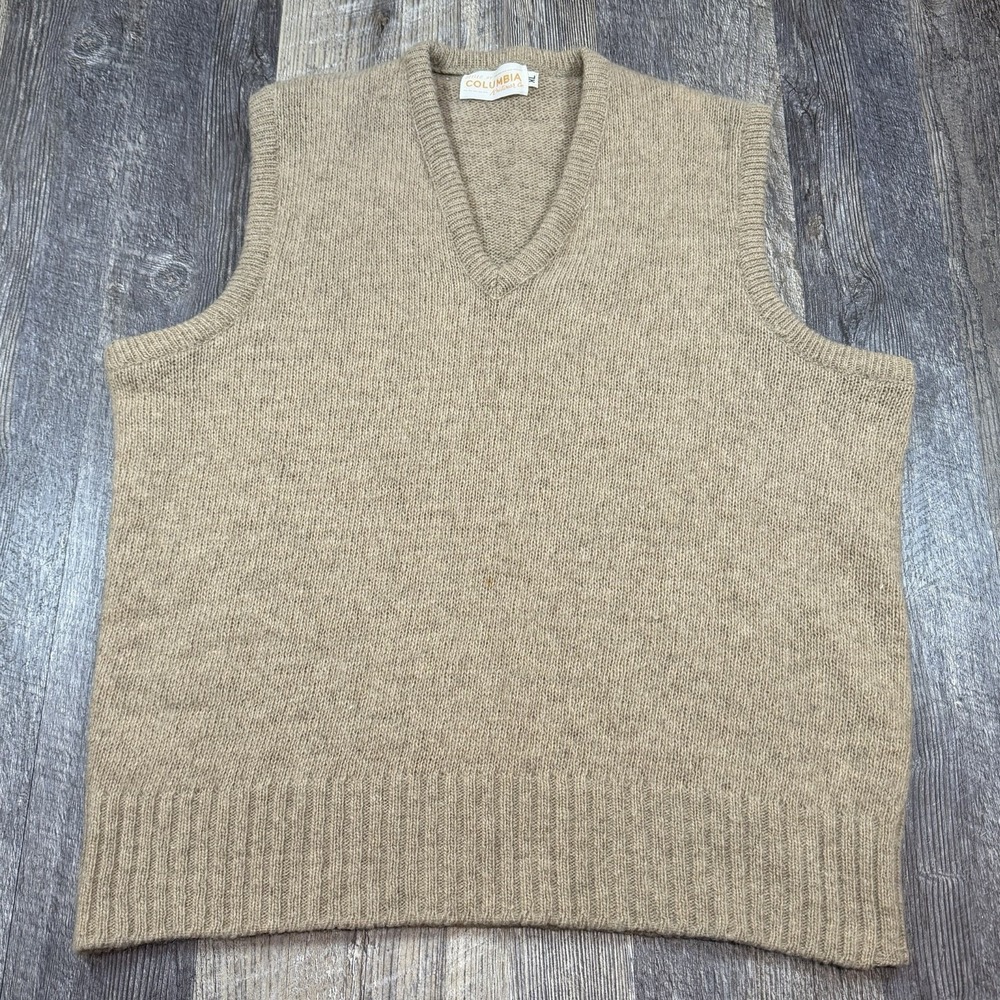 Vintage Columbia Knitwear Co Wool Sweater Vest Mens XL Medium Beige Preppy Golf
